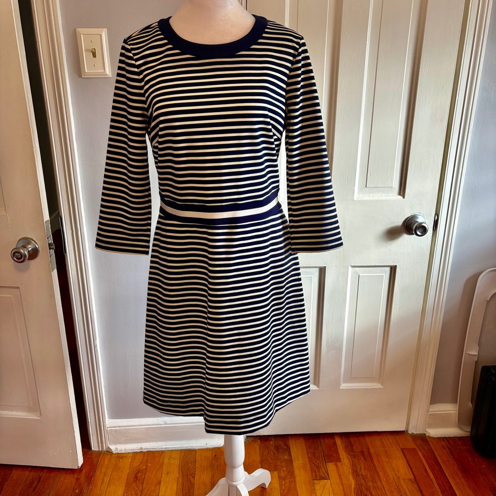 Draper James Womens Medium Dress Navy White Striped Ponte Knit Gold Zipper
